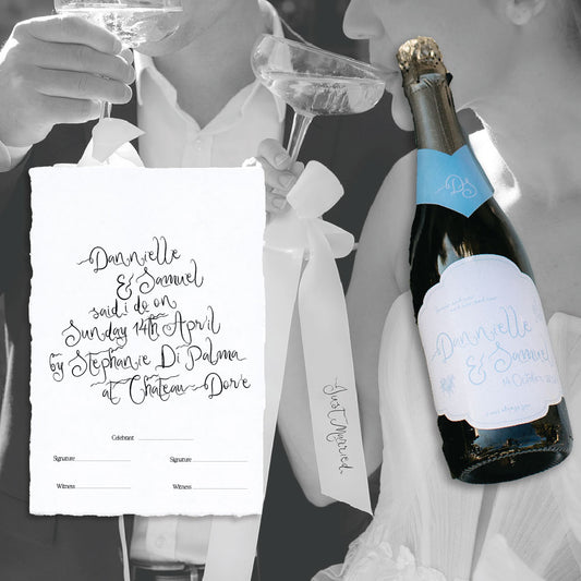Marriage Certificate, Champagne Label & Ribbons